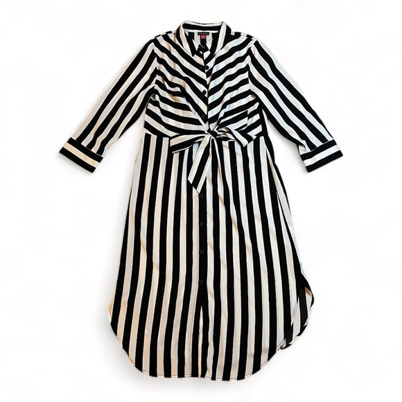 VINCE CAMUTO Striped Tie Front Dress Black White Stripe Shirt‎ 3/4 size Medium - Picture 2 of 7